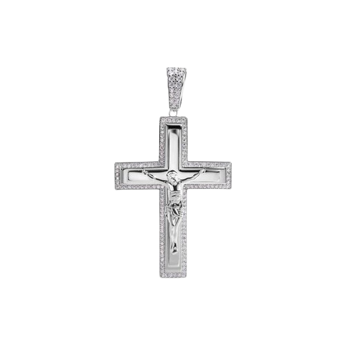 Sterling Silver Rhodium Plated Crucifix Clear CZ Pendant