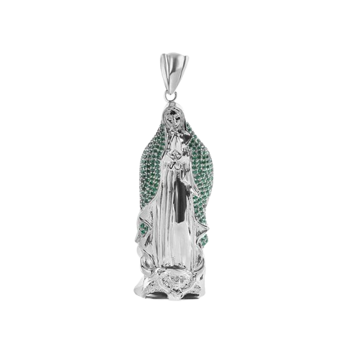 Sterling Silver Rhodium Plated Virgin Mary 3D Green CZ Small Pendant