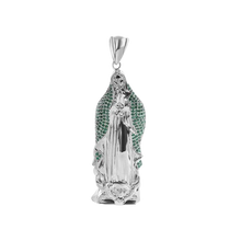 Load image into Gallery viewer, Sterling Silver Rhodium Plated Virgin Mary 3D Green CZ Small Pendant