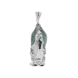 Sterling Silver Rhodium Plated Virgin Mary 3D Green CZ Small Pendant