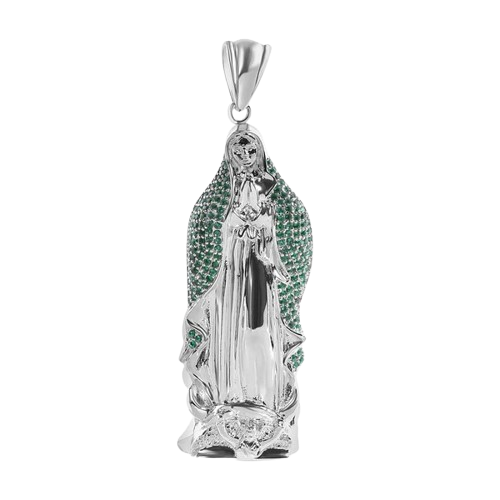 Sterling Silver Rhodium Plated Virgin Mary 3D Green CZ Large Pendant