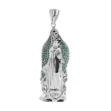 Load image into Gallery viewer, Sterling Silver Rhodium Plated Virgin Mary 3D Green CZ Large Pendant