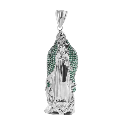 Sterling Silver Rhodium Plated Virgin Mary 3D Green CZ Large Pendant