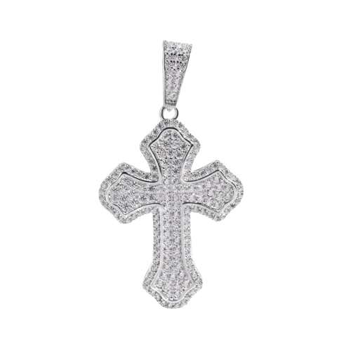 Sterling Silver Rhodium Plated Cross Baguette Clear CZ Pendant