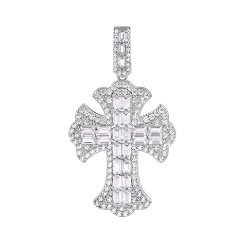 Sterling Silver Rhodium Plated 32.1mm Fleur De Lis Cross Baguette Cut Clear CZ Pendant