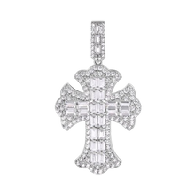 Load image into Gallery viewer, Sterling Silver Rhodium Plated 32.1mm Fleur De Lis Cross Baguette Cut Clear CZ Pendant