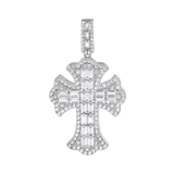 Sterling Silver Rhodium Plated 32.1mm Fleur De Lis Cross Baguette Cut Clear CZ Pendant