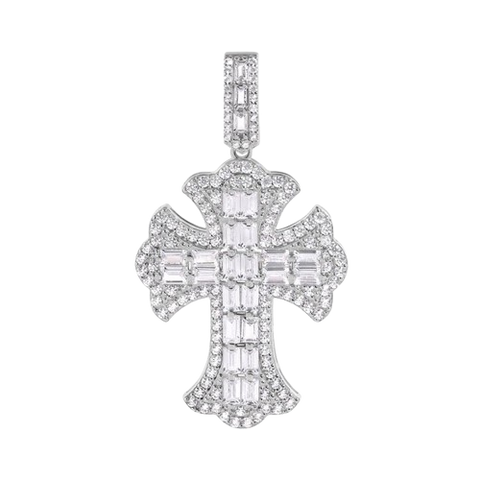 Sterling Silver Rhodium Plated 32.1mm Fleur De Lis Cross Baguette Cut Clear CZ Pendant