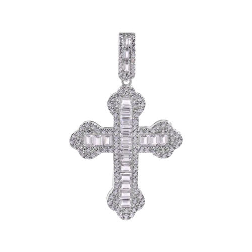 Sterling Silver Rhodium Plated Cross Baguette Clear CZ Pendant