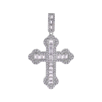 Sterling Silver Rhodium Plated Cross Baguette Clear CZ Pendant