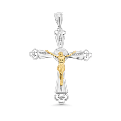 Sterling Silver Two Tone Plated Diamond Cut Jesus Christ Cross Clear CZ Pendant