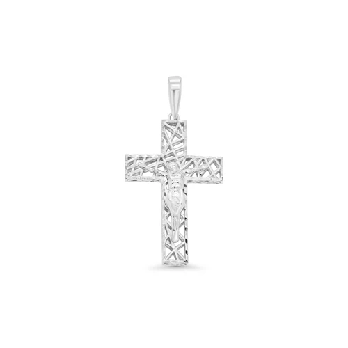 Sterling Silver Rhodium Plated Diamond Cut Hollow Intersecting Pattern Cross Pendant