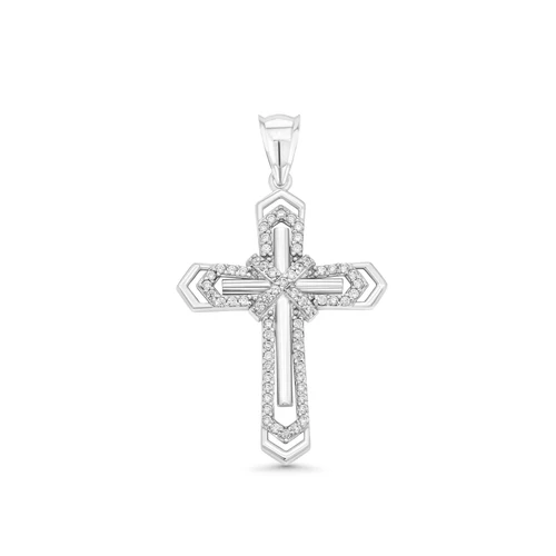 Sterling Silver Rhodium Plated Layered Crucifix Cross Arrow Edge Clear CZ Pendant