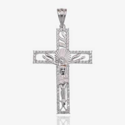 Sterling Silver Rhodium Plated Cross Diamond Cut Crucifix Clear CZ Pendant