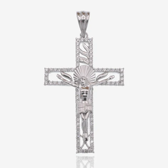 Sterling Silver Rhodium Plated Cross Diamond Cut Crucifix Clear CZ Pendant