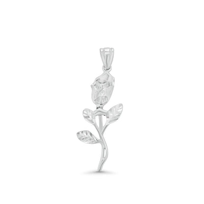 Sterling Silver Rhodium Plated Diamond Cut Rose Stem Pendant