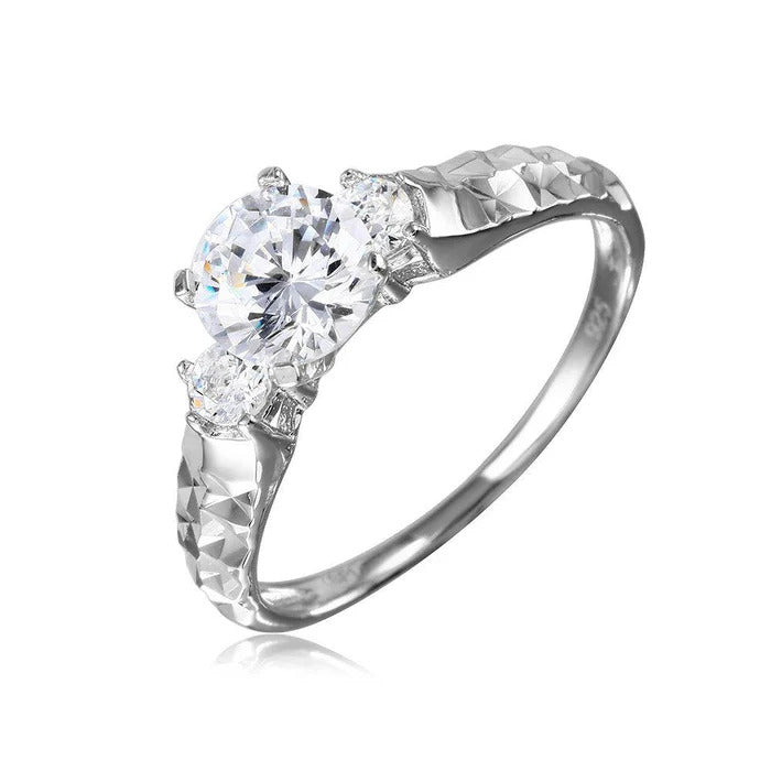 Sterling Silver Rhodium Plated Clear CZ Center Stone Ring With Hammered Shank