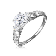 Load image into Gallery viewer, Sterling Silver Rhodium Plated Clear CZ Center Stone Ring With Hammered Shank