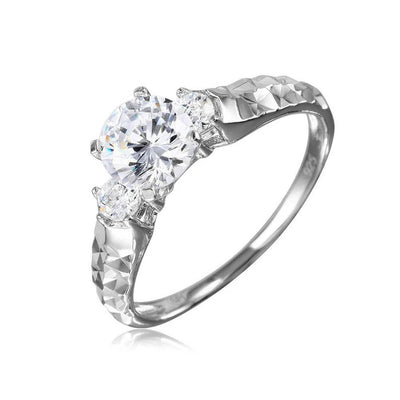 Sterling Silver Rhodium Plated Clear CZ Center Stone Ring With Hammered Shank