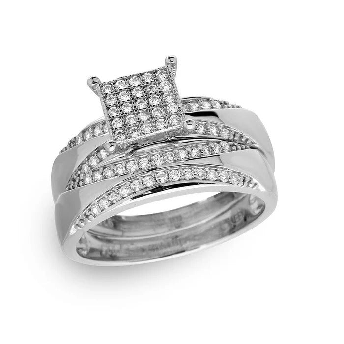 Sterling Silver Rhodium Plated Clear CZ Square Pave Center Trio Bridal Ring