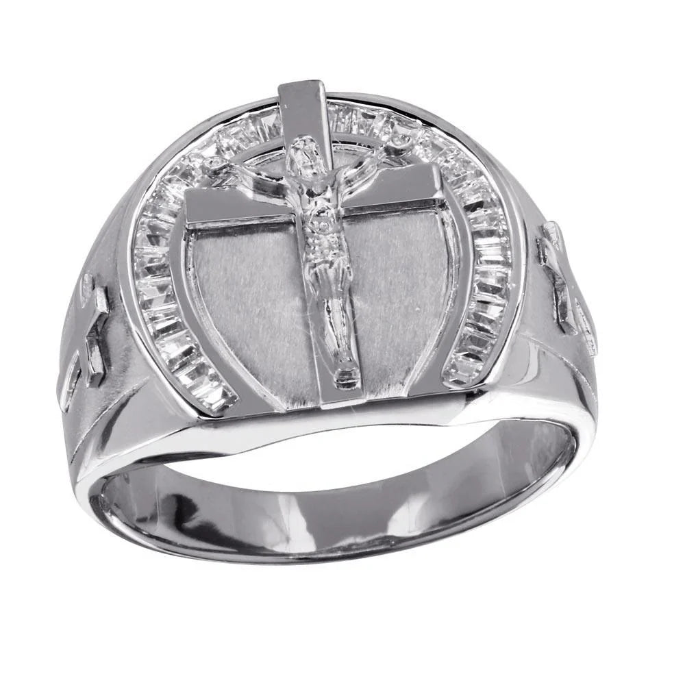 Sterling Silver Rhodium Plated Men's Crucifix Ring