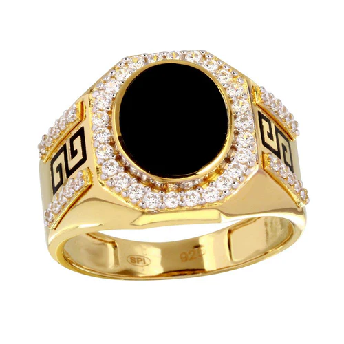 Sterling Silver Gold Plated Flat Oval Onyx Ring With CZ