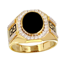 Load image into Gallery viewer, Sterling Silver Gold Plated Flat Oval Onyx Ring With CZ