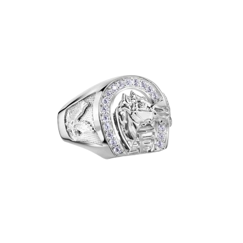 Sterling Silver Rhodium Plated Clear CZ Horse Shoe Men's Ring