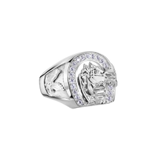 Sterling Silver Rhodium Plated Clear CZ Horse Shoe Men's Ring