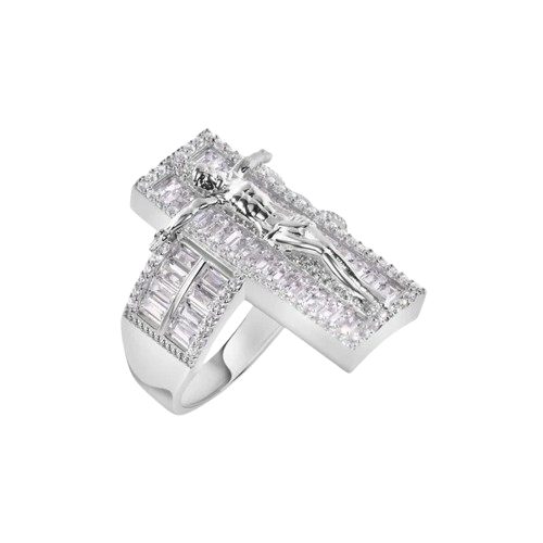 Sterling Silver Rhodium Plated Cross Baguette Cut Clear CZ Ring