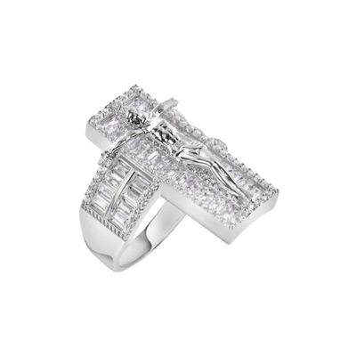 Sterling Silver Rhodium Plated Cross Baguette Cut Clear CZ Ring