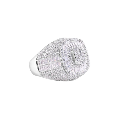 Sterling Silver Rhodium Plated Men's Stement Square Top Baguette Cut Clear CZ Ring