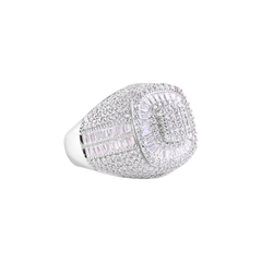 Sterling Silver Rhodium Plated Men's Stement Square Top Baguette Cut Clear CZ Ring