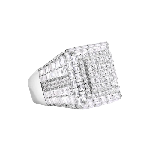 Sterling Silver Rhodium Plated Men's Square Top Baguette Cut Clear CZ Ring