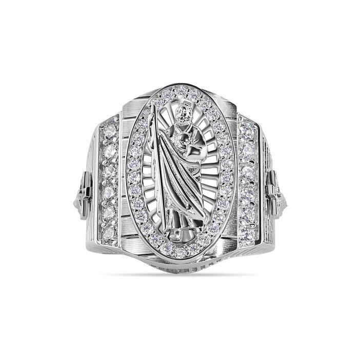Sterling Silver Rhodium Plated Clear CZ Men's Embossed Saint Jude Oval Top Round Clear Cross Ring