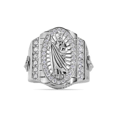 Sterling Silver Rhodium Plated Clear CZ Men's Embossed Saint Jude Oval Top Round Clear Cross Ring