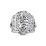 Sterling Silver Rhodium Plated Clear CZ Men's Embossed Saint Jude Oval Top Round Clear Cross Ring