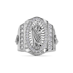 Sterling Silver Rhodium Plated Clear CZ Men's Embossed Saint Jude Oval Top Round Clear Cross Ring