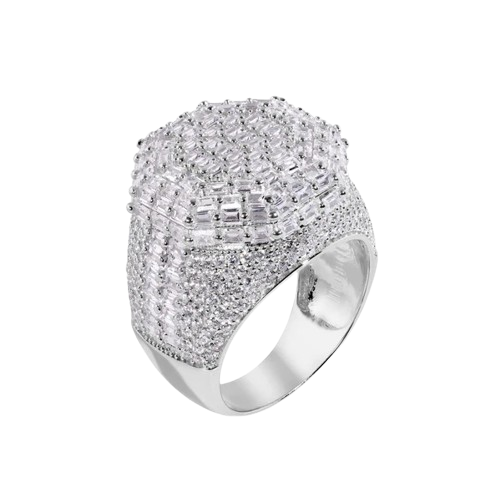Sterling Silver Rhodium Plated Statement Baguette Clear CZ Studded Octagon Top Ring