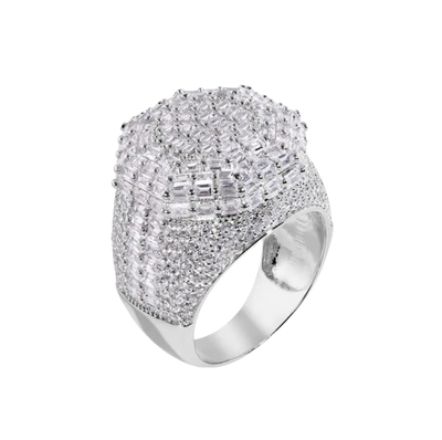 Sterling Silver Rhodium Plated Statement Baguette Clear CZ Studded Octagon Top Ring
