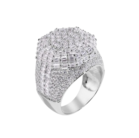 Sterling Silver Rhodium Plated Statement Baguette Clear CZ Studded Octagon Top Ring