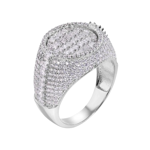 Sterling Silver Rhodium Plated Statement Baguette Clear CZ Round Top Ring