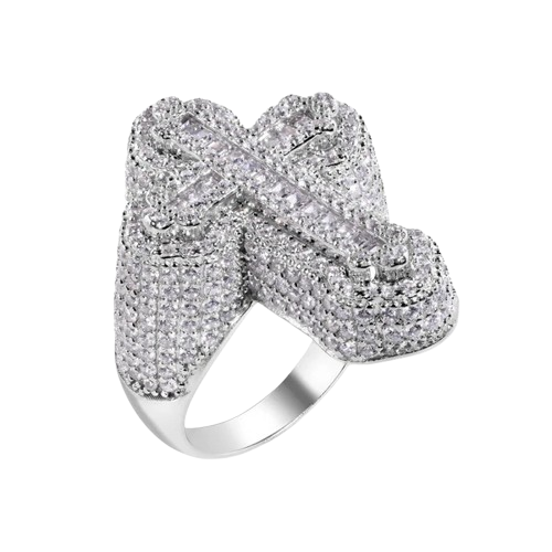 Sterling Silver Rhodium Plated Cross Baguette Clear CZ Studded Top Ring