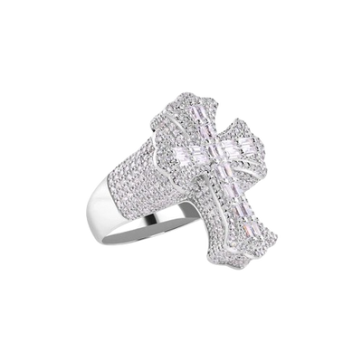 Sterling Silver Rhodium Plated Men's Fleur De Lis Baguette Cross Cut Clear CZ Ring