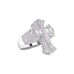 Sterling Silver Rhodium Plated Men's Fleur De Lis Baguette Cross Cut Clear CZ Ring