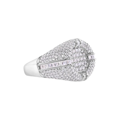 Sterling Silver Rhodium Plated Men's Round Recessed Top Baguette Cut Clear CZ Ring