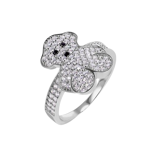 Sterling Silver Rhodium Plated Teddy Bear Round Top Clear CZ Studded Ring