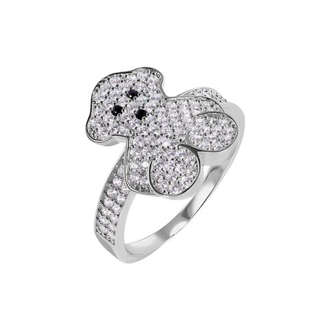 Sterling Silver Rhodium Plated Teddy Bear Round Top Clear CZ Studded Ring