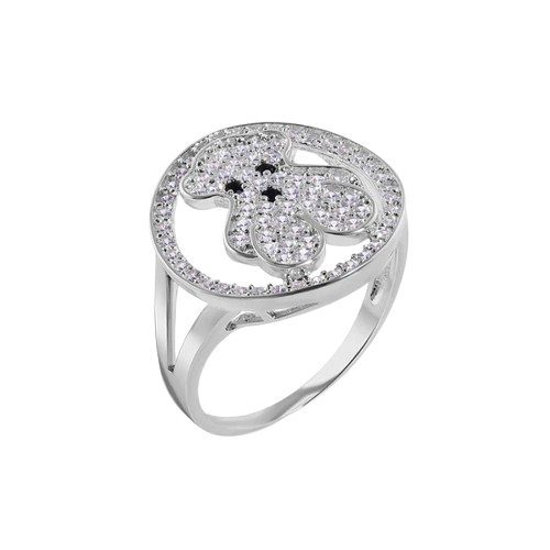 Sterling Silver Rhodium Plated Teddy Bear Clear CZ Studded Ring