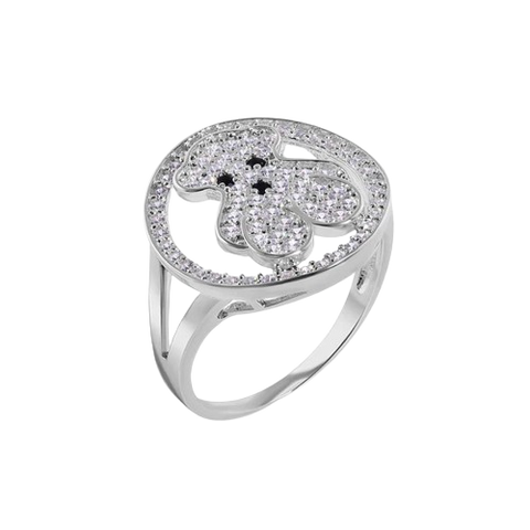 Sterling Silver Rhodium Plated Teddy Bear Clear CZ Studded Ring